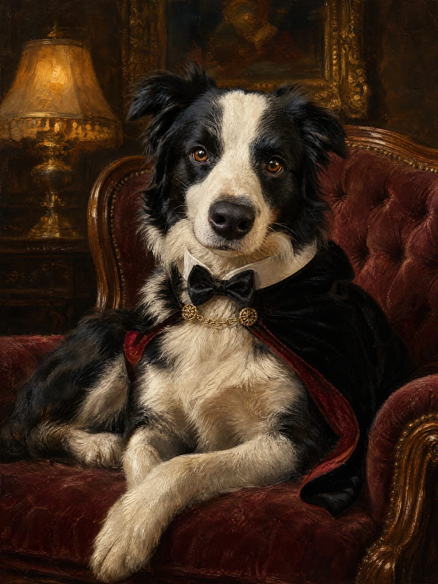 Portret psa w muszce i pelerynie, stary salon