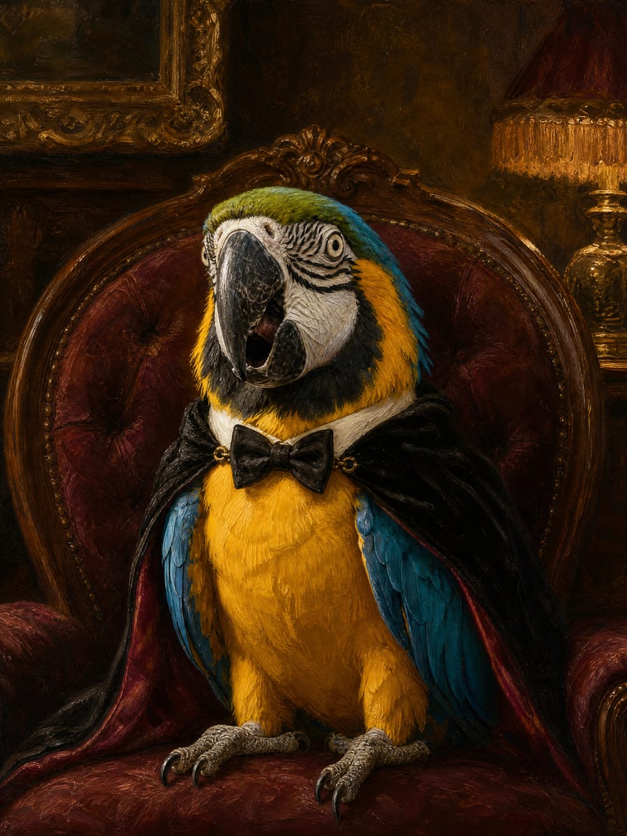 Portret papugi w muszce, olej, stary salon
