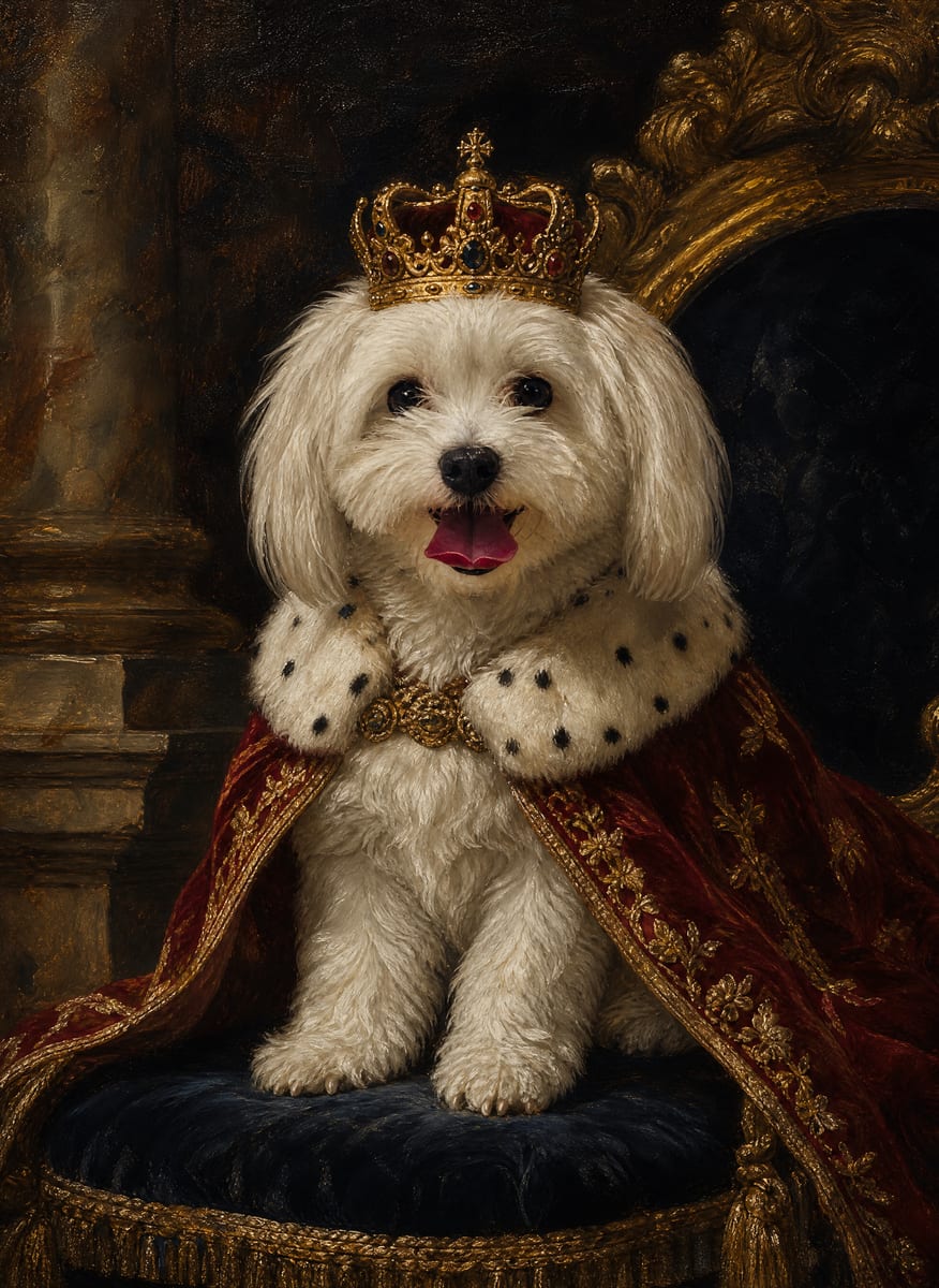 Portret psa w koronie, olej, ciemne tło