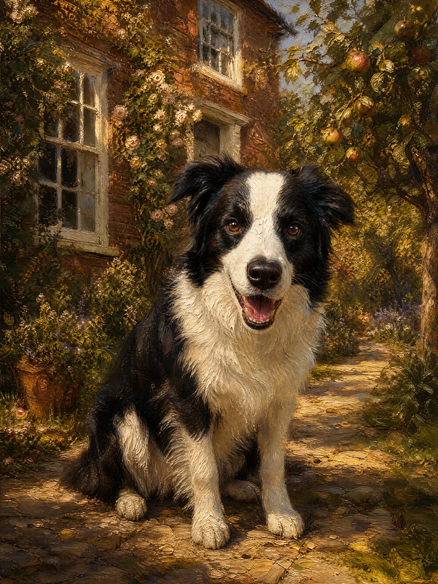 Scena: border collie przed rodzinnym domem, olej, ciepłe światło